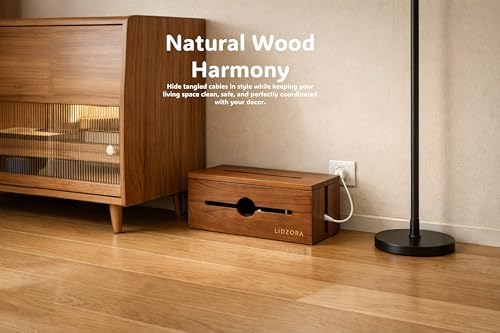 Wooden Cable Management Box for Power Strips, Desk Cord Organizer for Home Office & TV Stand, Hidden Cable Storage with 