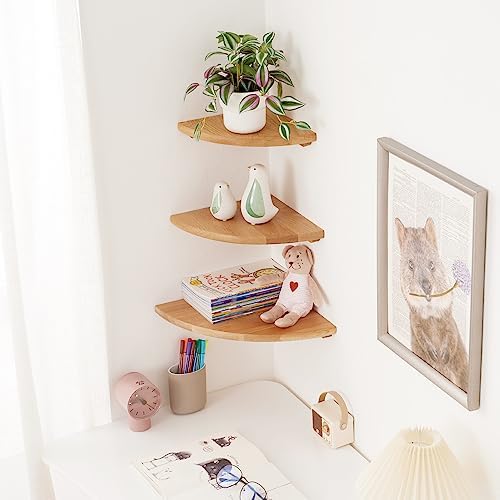 Oak Corner Shelf 12 inches Natural Wood Floating Corner Shelves Round End Wall Mounted Display Shelf Corner Plant Stand 