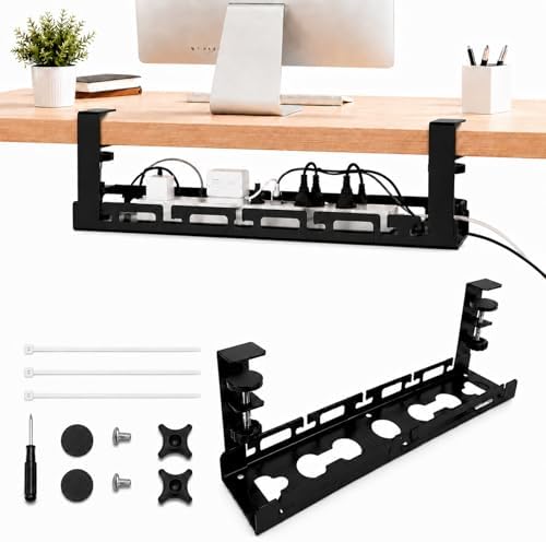 No Drill Under Desk Cable Management Tray, Adjustable 17.6"-27.4" Clamp-On Metal Cable Tray for Power Strip, Under Desk 