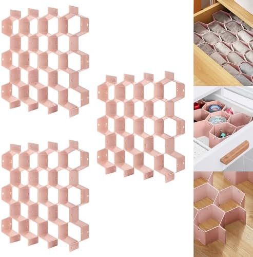 Poeland Drawer Divider Organizer Adjustable DIY Grid Honeycomb Drawer Divider for Underwear Belt Scarf Socks Pink 3 Pack