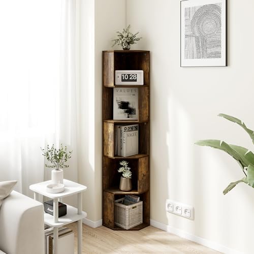 Black 5 Tier Slim Corner Bookshelf with Open Shelves, Wood Black Tall Corner Shelving Unit, Narrow Book Shelves for Bedr
