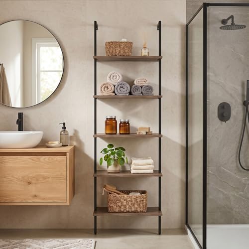 Wolawu 5 Tiers Ladder Shelf 2-Piece Black Modern Tall Bookshelf Open Large Tall Wall Mount Storage Bookcase Standing Lea