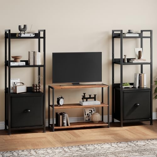 DUMOS 4 Tier Bookshelf with Fabric Drawer, Display Standing Shelf, Black