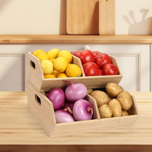 Bamboo Pantry Organizers and Storage Bins, 2 Set Stackable Baskets for Vegetables, Potatoes, Onion, Garlic, Bread - Bamb