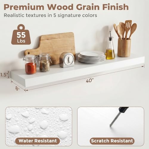 8 inch Deep Floating Shelves for Wall, 40" Wide, White Finish, 2-Pack