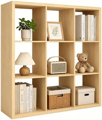 CTESNE【Wooden Thick Frame 9 Cube Storage Organizer Shelf with Anti-Tipping Kits + Reversible Open Back Bookcase, Horizon