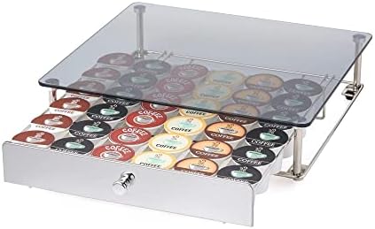 Nifty Rolling Coffee Pod Drawer - Glass Top & Chrome Finish, Compatible with K-Cups, 36 Pod Pack Holder, Compact Under C
