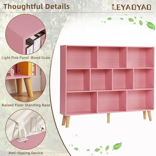 LEYAOYAO 10 Cube Bookshelf,Mid-Century Modern Bookcase with Legs,Light Pink