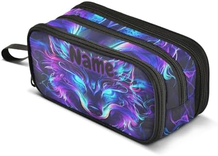 Custom Mystical Wolf Face Pencil Case Box Boys Girls Personalized Name Large Pencil Pouch Stationery Pen Bag Organizer for Kids Adults School Office