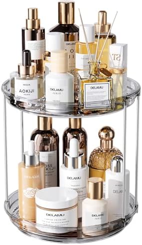 Delamu 2 Tier Rotating Makeup Organizer for Vanity, Skincare Organizer for Bathroom Counter, Spinning Perfume Organizer 