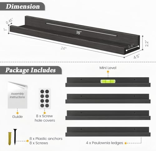 24 Inch Black Picture Ledge Shelf, Floating Photo Wall Shelves with Lip