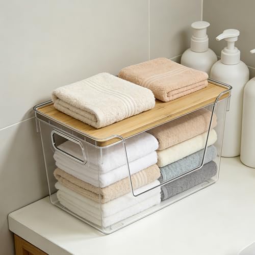 4 Set Potato And Onion Storage Bins with Bamboo Lid, Clear