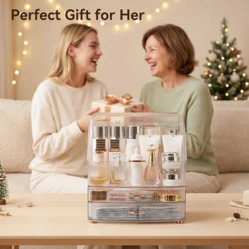 Makeup Organizer Countertop for Vanity with Lid and 2 Drawers, Clear White