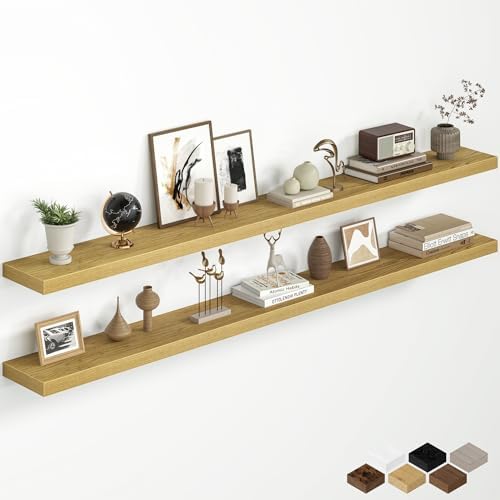 72 Inch Floating Shelves for Wall, Rustic Wood Wall Mounted Deep Storage Shelves with Invisible Brackets, Panoramic Deco