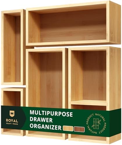 ROYAL CRAFT WOOD 5-Piece Bamboo Drawer Organizer Set – Multi-Use Storage Trays for Kitchen, Bathroom, Office, Makeup, Je