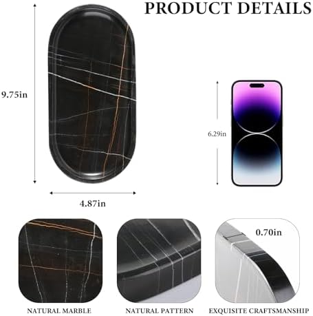 Koville Black Marble Vanity Tray for Bathroom Countertop, 10"x5" Natural Marble Catchall Tray Perfume Trays for Dresser,