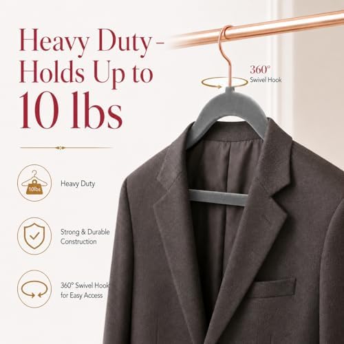 Smartor Grey Velvet Hangers 50 Pack, Non Slip Rose Gold Hook Felt Hangers
