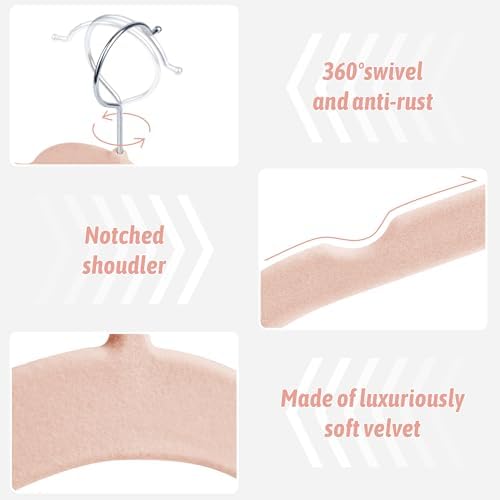Sishynio Premium Velvet Shirt Hangers 30 Pack, Non-Slip 360° Swivel Hook Space-Saving Felt Hanger, Slim Flocked Hangers for Blouses, Strappy Dresses, Tank Tops(Pink)