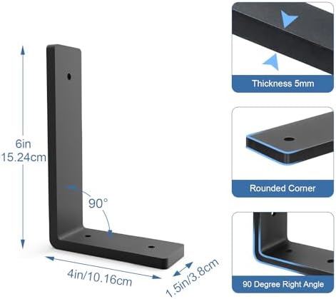 Heavy Duty Shelf Brackets, 8 Pack 6 Inch Black L Metal Shelving Brackets, 5mm Thick Rustic Shelf Support Bracket for DIY