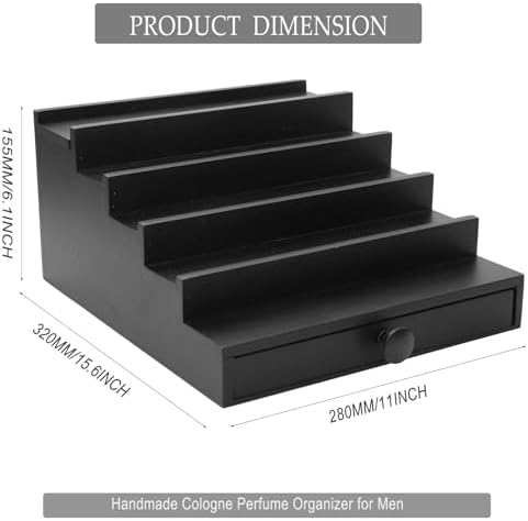 5 Tier Men's Cologne Organizer, Black Wood Display Stand Holder with Drawer