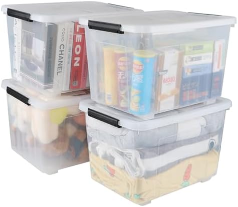 Wekioger 50 Quart Latching Box, 4 Packs Plastic Lidded Storage Bin