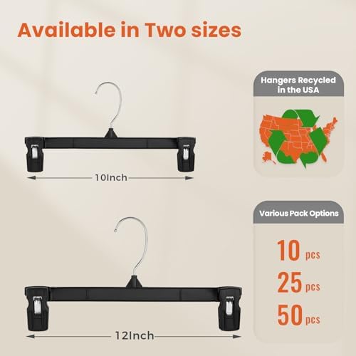 HOUSE DAY Black Pants Hangers with Clips 50 Pack, 10 Inch Skirt Hangers
