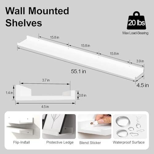 White Floating Shelves for Wall Decor, 56 in Shelf with Lip Set of 2