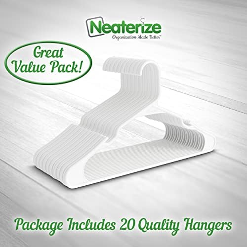 NEATERIZE Plastic Clothes Hangers-Durable Coat and Clothes Hangers-Vibrant Color Hangers-Lightweight Space Saving Laundry Hangers-20, 40, 60 Available (20 Pack - White)