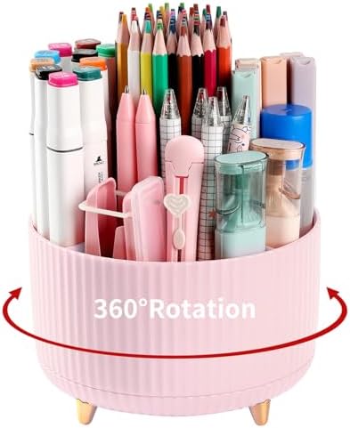 Desk Pencil Pen Holder, 5 Slots 360°Degree Rotating Organizers for Desk, Desktop Storage Stationery Supplies Organizer, Cute Cup Pot Office, School, Home, Art Supply, Pink