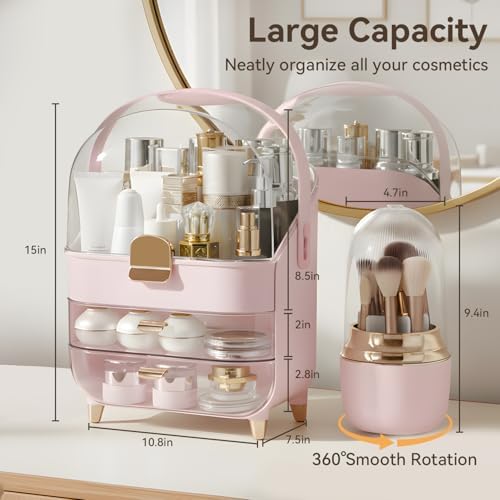 Makeup Organizer for Vanity with Brush Holder, Lid and 2 Drawers, Pink