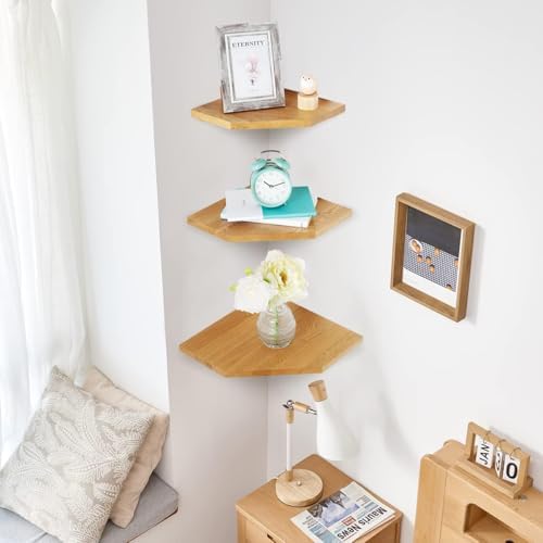 Corner Wall Shelves Set 2 Wire Hole Solid Oak Wood Display Shelf,Natural