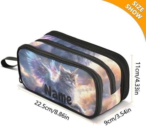 Custom Unicorn Cat with Wings Pencil Case Box Boys Girls Personalized Name Large Pencil Pouch Stationery Pen Bag Organizer for Kids Adults School Office