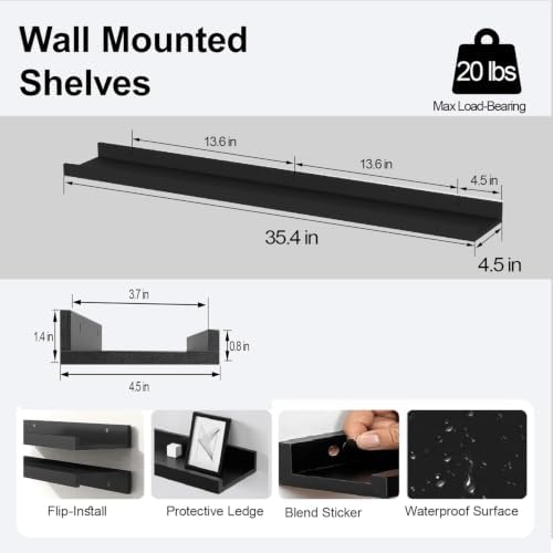 Black Floating Shelves for Wall Decor, 36 in Shelf with Lip Set of 2