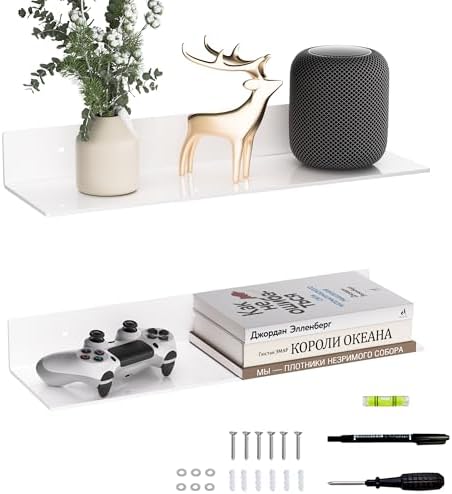 Sezanrpt 20 Inches Acrylic Wall Shelves 2 Pack, Floating Shelf for Wall Mounting, Acrylic Display Ledges for Funko Pop Figures, Home Décor, Living Room, Gaming Room, Plants(20 inch, White)