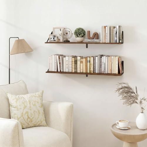 Heimlove Black Deep Floating Shelves for Wall, 35.43W x 8D Wood Wall Shelves Set of 2, Wide Floating Bookshelf for Livin