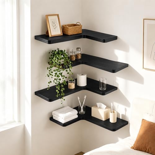 Solid Wood Corner Floating Shelves, L-Shaped, Black, Set of 4