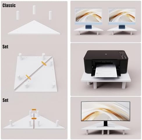 2 Pack White Corner Monitor Stand, Triangle/Square Adjustable Height Riser, 27-inch Universal Desktop Shelf for Computer