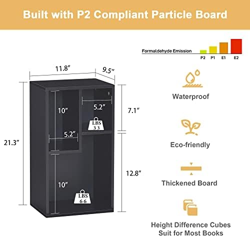 VECELO Small Black Bookshelf, Freestanding 3 Open Cubby Storage Cabinet with Uneven Compartments, Thickened Board, Fits 