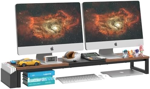 LAND·VOI Dual Monitor Stand Riser,41.5'' Long Monitor Stand for 2 Monitors, Wood Computer Riser with Pocket, Desktop Ora
