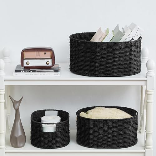 Vagusicc Wicker Basket, Set of 3 Round Storage Baskets for Organizing, Woven Paper Rope Wicker Storage Basket with Handl