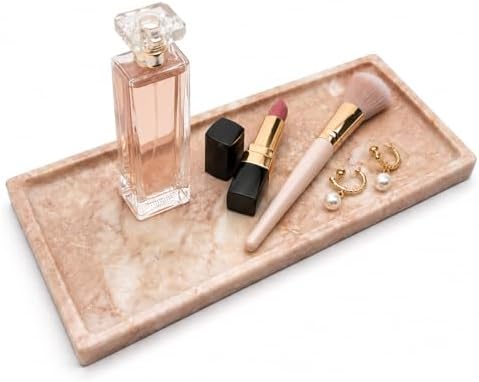 Pink Marble Tray for Vanity, Slim Natural Stone Decorative Tray for Bathroom, Perfume Organizer, Jewelry Dish, Kitchen &