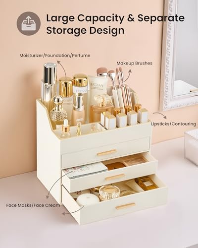Lolalet Makeup Organizer for Vanity Desk, 4-Layer PU Leather Luxury Make Up Storage Cosmetics Holder Box with Drawers -B