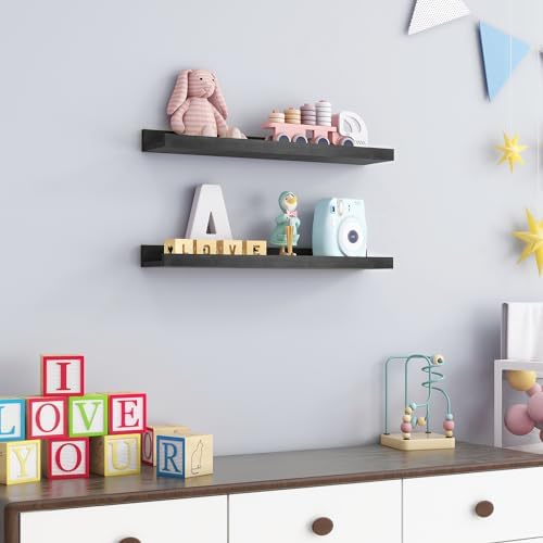 Picture Ledge Shelf for Wall, 24 inch Solid Pine Wood Nursery Book Shelves 2 Packs, Floating Ledge Shelves for Kids' Room Bedroom Bathroom Living Room Photo Frames Office Nursey Wall Decor, Black