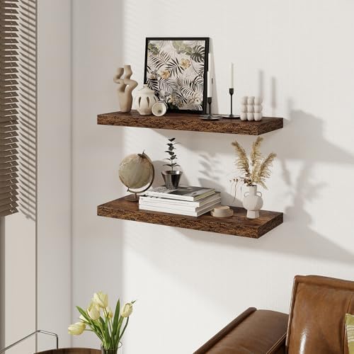 Floating Shelves for Wall, 27.5 Inch Bathroom Shelves Set of 2, Rustic Wood Wall Shelf with Invisible Brackets for Books