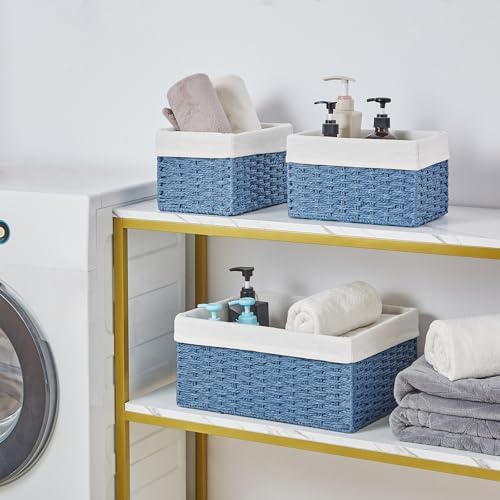 Vagusicc Wicker Basket, Set of 3 Hand-woven Storage Baskets for Organizing, Rectangle Wicker Storage Basket Bins with Ha