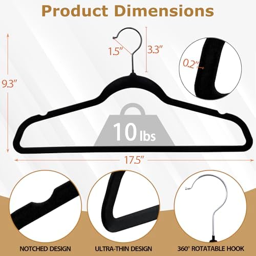 SUPER DEAL Velvet Hangers 100 Pack, Premium Clothes Hanger Slim Non-Slip Notched for Suit Coat Pants Dress 360 Degree Swivel Space Saving Heavy Duty for Closet, Black