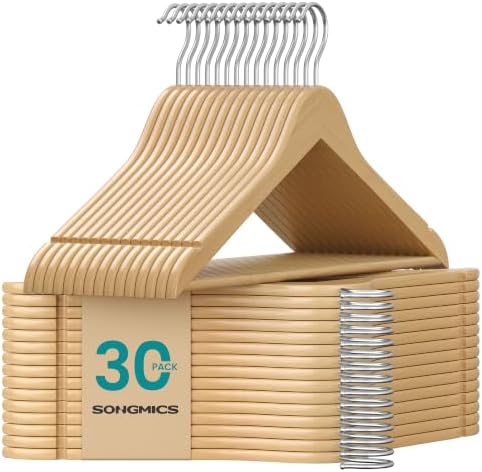 SONGMICS Wooden Hangers, 30 Pack, Basic Wood Clothes Hangers, Space Saving