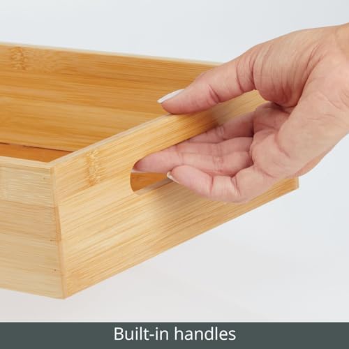 mDesign Kitchen Storage Box – Open-Top Bamboo Storage Tray with Handles – Versatile Cupboard Organiser for Shelves, Pant