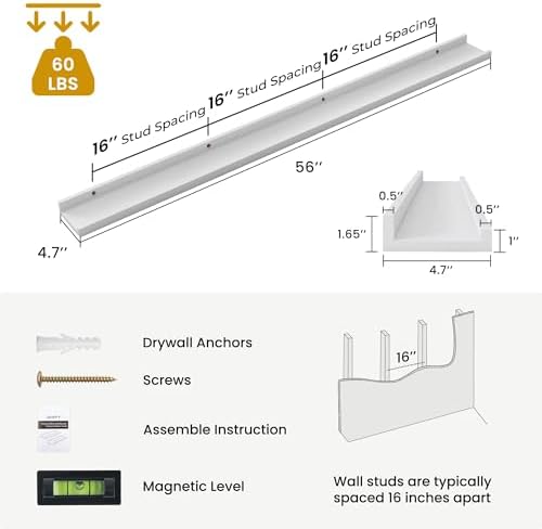 Acovy Solid Ash Wood Picture Ledge Shelf, Floating Shelves Set of 2, 56 Inch Long Large Ledge Shelves, Nursery Book Shelves Wall Mounted for Living Room Bedroom Kitchen Decor Kids Bookshelf, White
