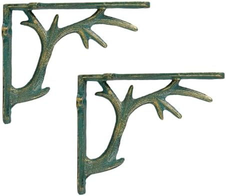 2PCS Cast Iron Deer Antler Wall Shelf Brackets, 6.2in (H), Green & Gold